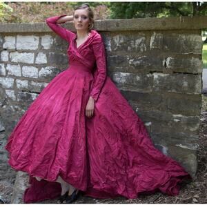 Vintage 50s Silk Taffeta Wedding Gown Dyed Wine Red Gothic Costume Prop XS 24W